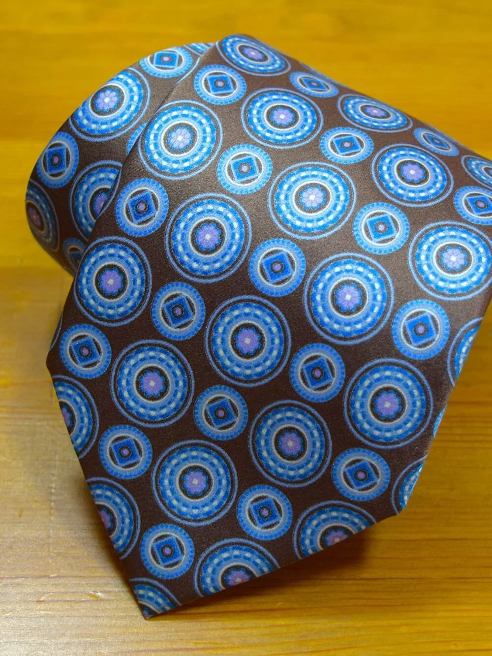 $840 BRIONI Brown Aqua Blue Geometric Medallion Handmade Italy Silk Neck Tie XL